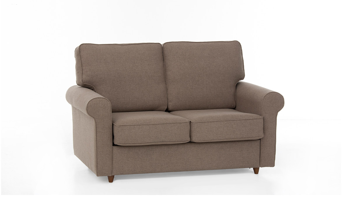Sofá cama individual 90x190 con somier de hierro, apertura fácil y diseño clásico tapizado con vivos. Diseño con perspectiva.
