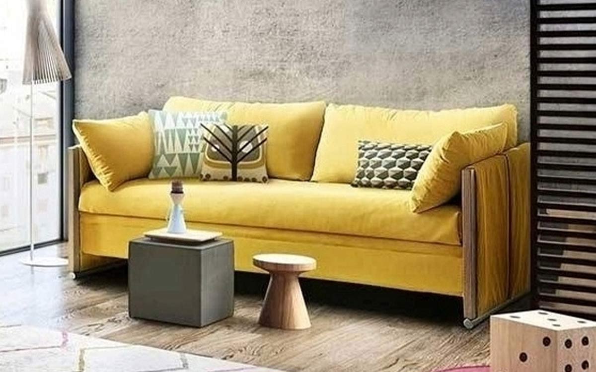 Sofá cama litera práctico con diseño ligero, apertura fácil, escalera integrada y funda lavable, ideal para espacios modernos y funcionales. Diseño con perspectiva.