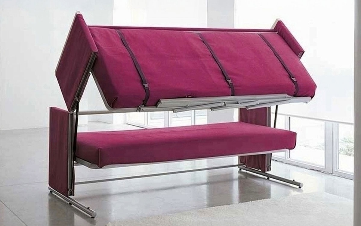 Sofá cama litera práctico con diseño ligero, apertura fácil, escalera integrada y funda lavable, ideal para espacios modernos y funcionales. Diseño medio abierto.