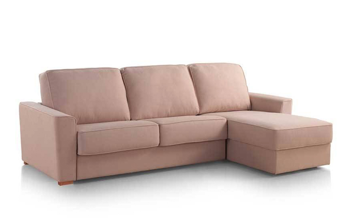 Sofá cama de matrimonio con chaise longue, económico y funcional, apertura italiana sin quitar almohadones, diseño moderno. Diseño con persepctiva.