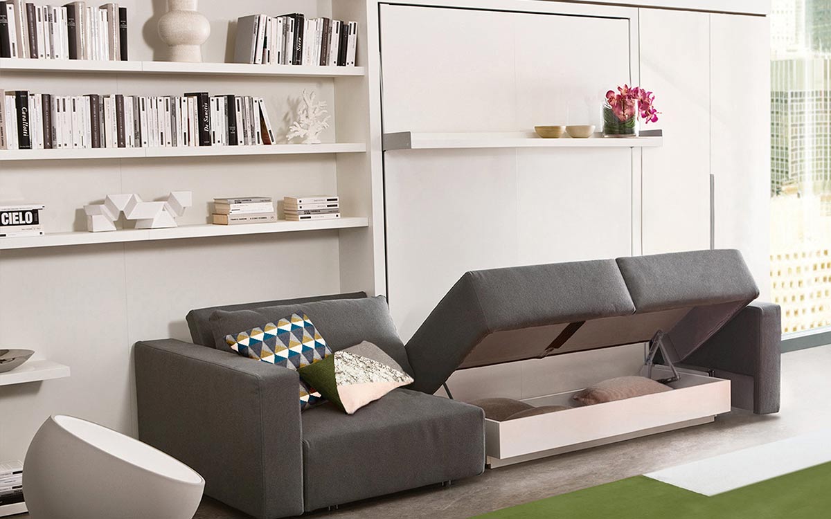 Sofá cama transformable sin fijación a pared con tapizado desenfundable de algodón