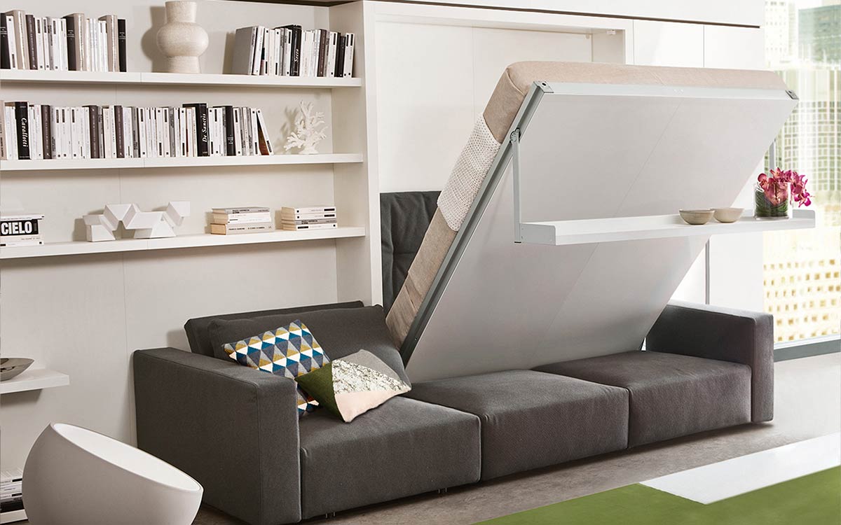 Sofá cama transformable sin fijación a pared con tapizado desenfundable de algodón