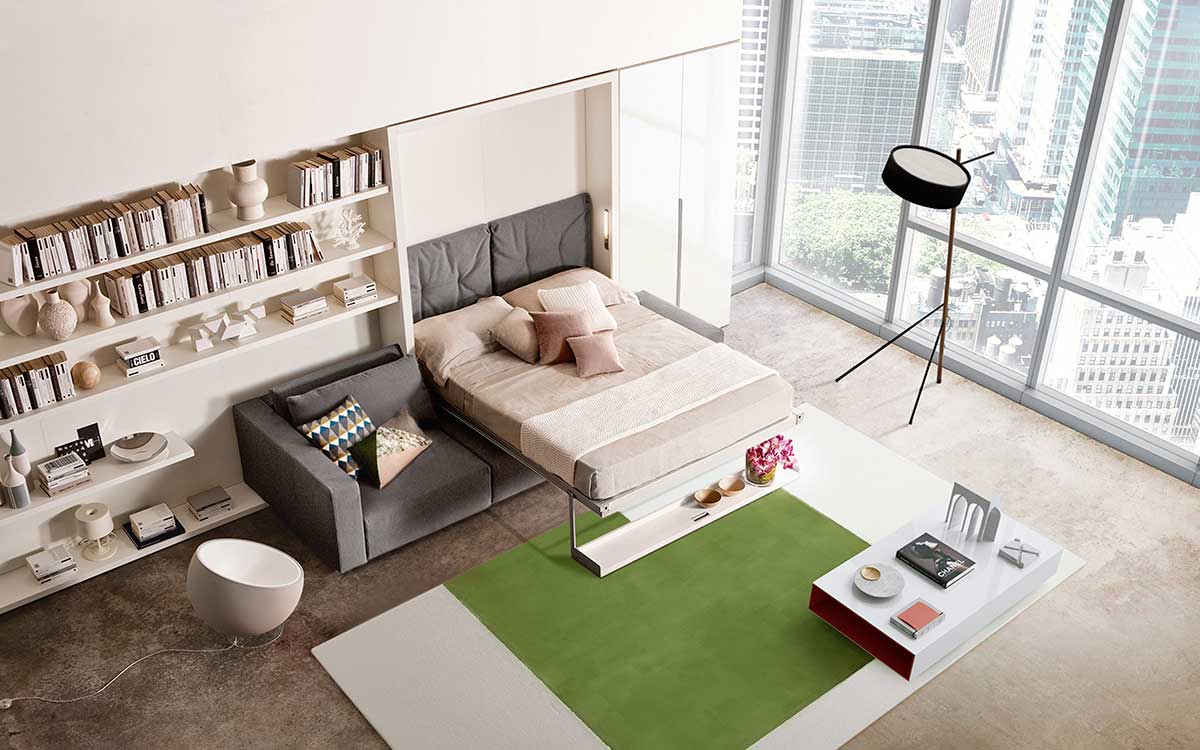 Sofá cama transformable sin fijación a pared con tapizado desenfundable de algodón