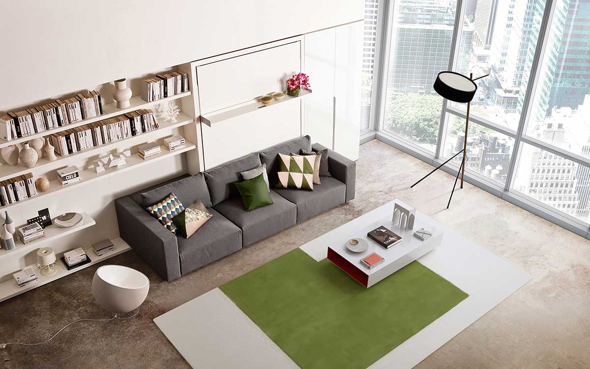 Sofá cama transformable sin fijación a pared con tapizado desenfundable de algodón