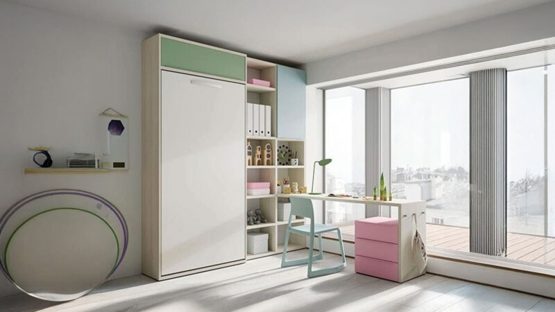 Cama individual abatible para habitaciones juveniles, con somier de madera y diseño funcional que optimiza el espacio