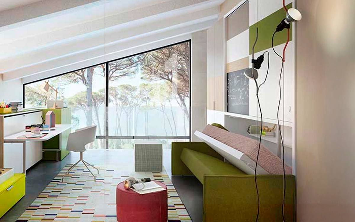 Mueble cama horizontal autoportante con sofá y armario superior de estilo minimalista.