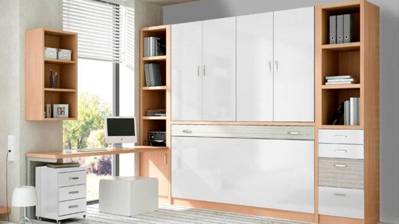 Mueble cama individual abatible con armario superior configurable.