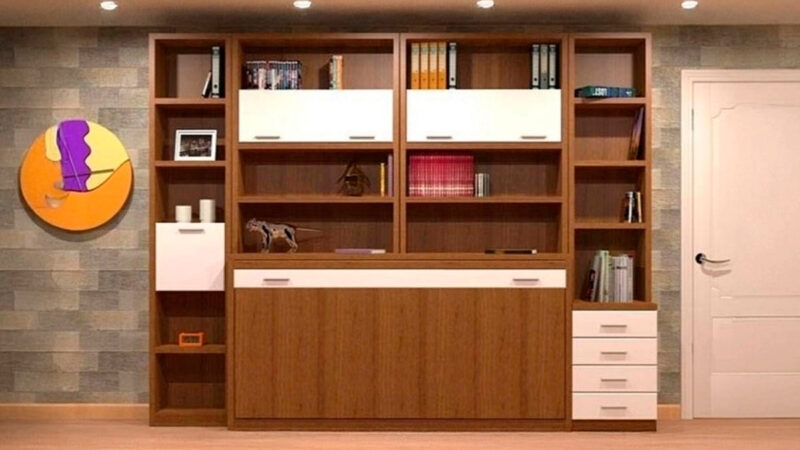 Mueble cama abatible individual con librería compacta.