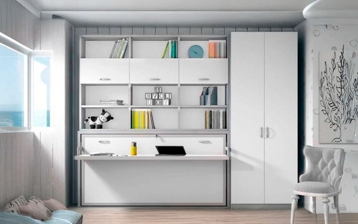 Mueble cama abatible individual con librería superior y diseño configurable.
